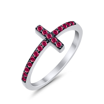 Wedding Eternity Sideways Cross Rings Simulated Ruby CZ 925 Sterling Silver